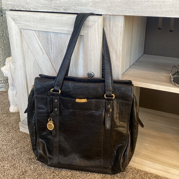 T Tahari Genuine Leather Handbag Purse Satchel Large Tote Black Gold Accents - Picture 2 of 16